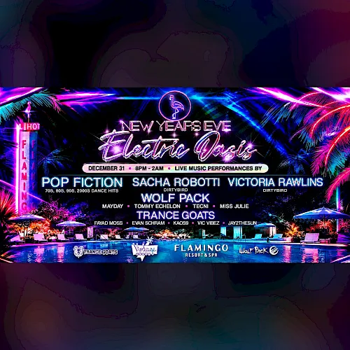 A New Year’s Eve party flyer with neon fireworks and DJs like Pop Fiction, Sacha Robottti, and Victoria Rawlins on Dec 31, 8pm–2am.