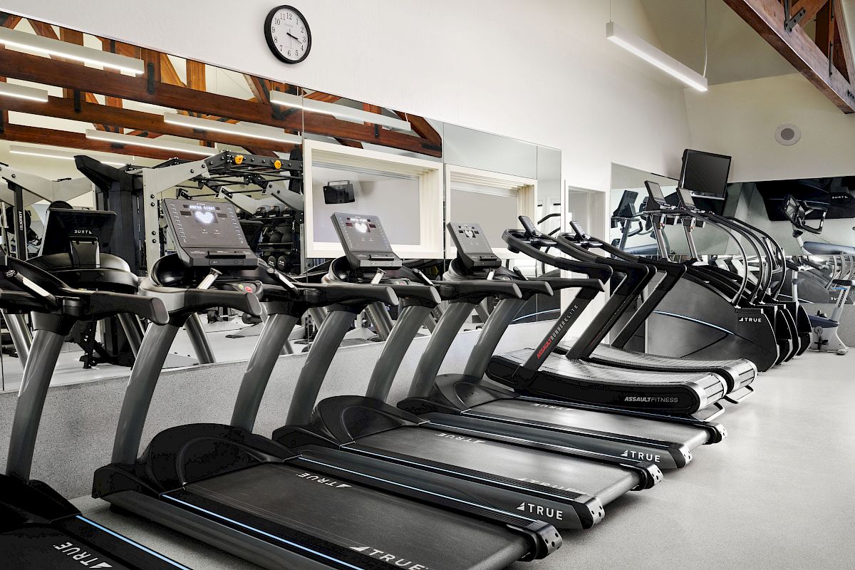 The image shows a gym with several treadmills lined up in front of large mirrors and additional workout equipment in the background.