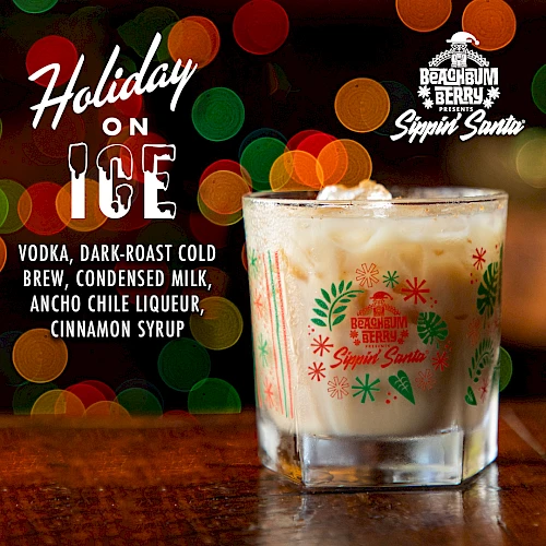 The image shows a festive cocktail called "Holiday on Ice" with vodka, cold brew, condensed milk, ancho chile liqueur, and cinnamon syrup.