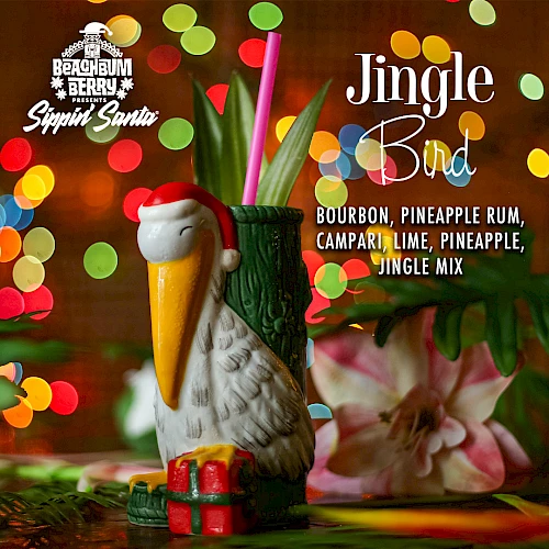 Festive cocktail image featuring "Jingle Bird" with ingredients: bourbon, pineapple rum, Campari, lime, pineapple, and Jingle mix.