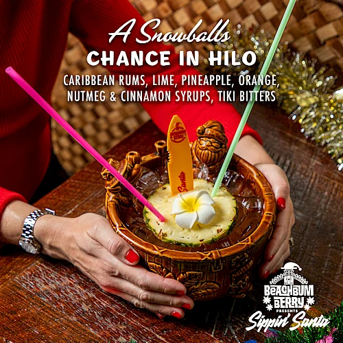 A tropical drink with a pineapple slice, two straws, and a decorative garnish in a tiki mug. Ingredients and name of the drink are listed above.