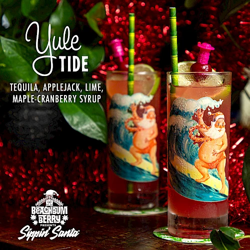 Festive cocktail with tequila, applejack, lime, and maple-cranberry syrup in colorful glasses, labeled "Yule Tide" by Beachbum Berry Sippin' Santa.