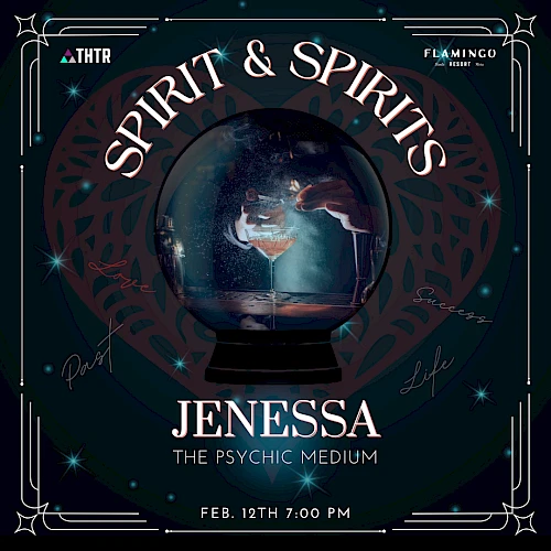 Promotional image for "Spirit & Spirits" event featuring psychic medium Jenessa, taking place on Feb. 12th at 7:00 PM.