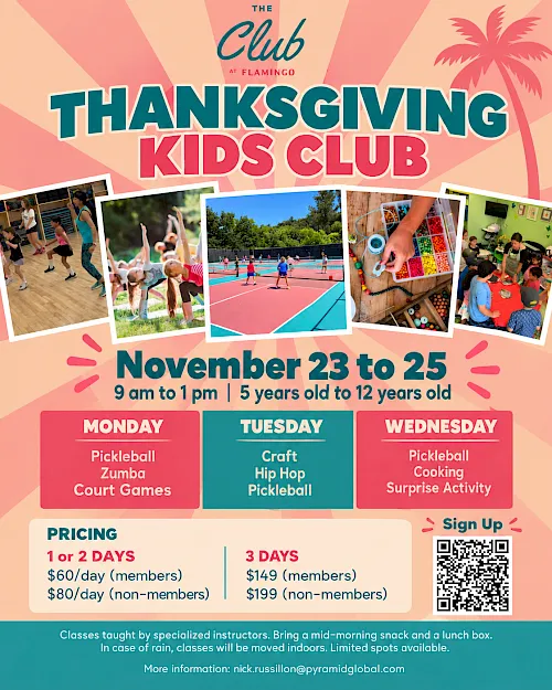A Flamingo summer club kids camp flyer for Nov 23–25 with activities like pickleball, craft, hip hop, cooking, surprise, plus pricing and a QR sign-up.