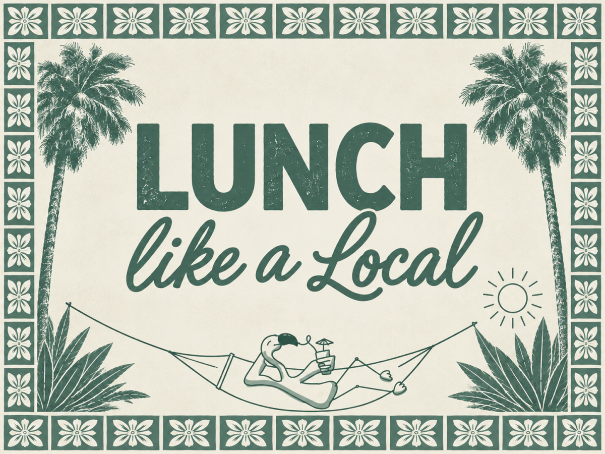 A tropical &ldquo;LUNCH like a Local&rdquo; sign with palm trees, hammock, and sun rays, surrounded by decorative floral border tiles.