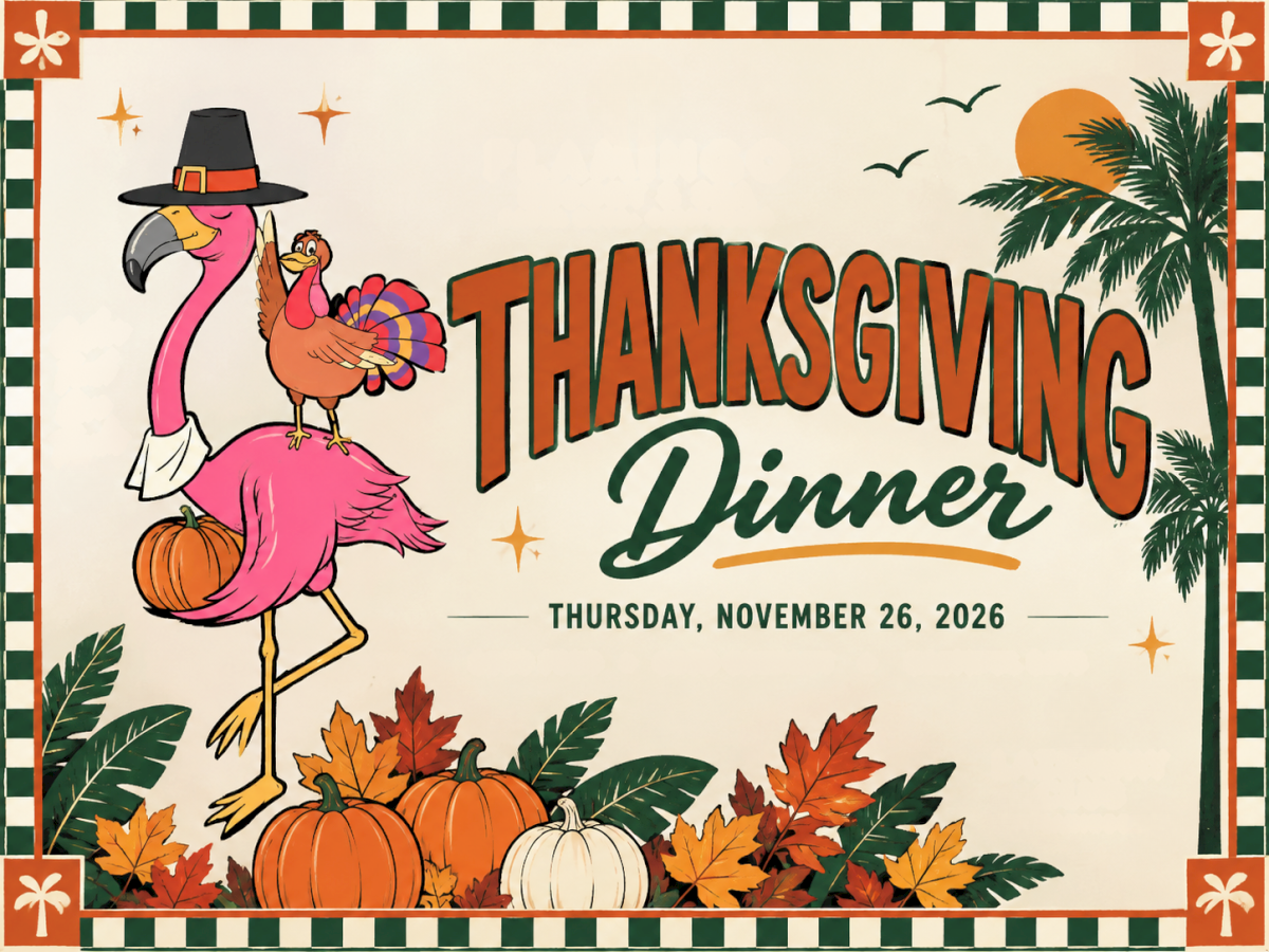 Thanksgiving poster with a pink flamingo in a hat, turkey, pumpkins and leaves, plus text &ldquo;Thanksgiving Dinner&rdquo; and date.