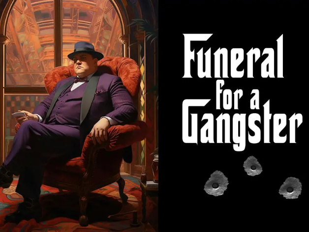 A movie-style poster shows a suited gangster seated in an ornate chair beside the title &ldquo;Funeral for a Gangster&rdquo;.