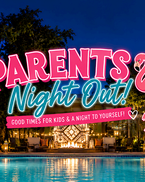 Neon &ldquo;Parents&rsquo; Night Out! Niyght Out&rdquo; sign over a poolside patio with flamingo decor and warm lights.