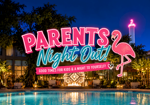 Neon &ldquo;Parents&rsquo; Night Out! Niyght Out&rdquo; sign over a poolside patio with flamingo decor and warm lights.