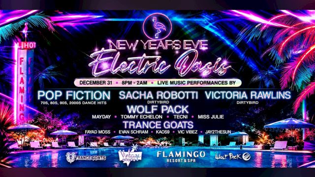 A New Year&rsquo;s Eve party flyer with neon fireworks and DJs like Pop Fiction, Sacha Robottti, and Victoria Rawlins on Dec 31, 8pm&ndash;2am.