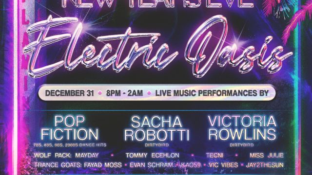 Neon New Year&rsquo;s Eve party poster: Dec 31, 8PM&ndash;2AM at Flamingo Resort & Spa, with live music performances.