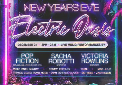 A neon festival flyer for &ldquo;New Year&rsquo;s Eve Afterglow&rdquo; at Flamingo Resort & Spa, Dec 31, 8PM&ndash;2AM, with live performers.
