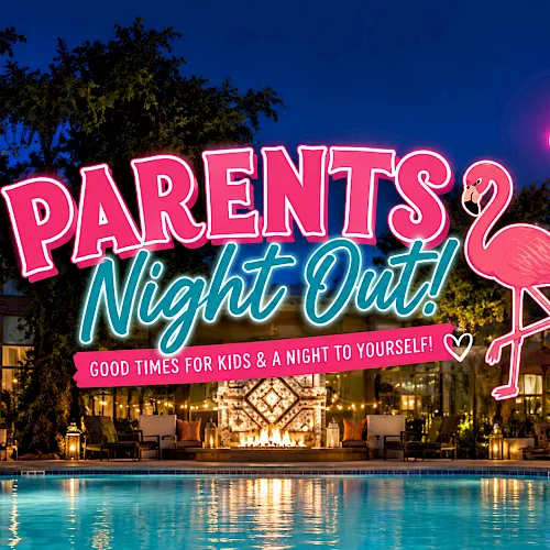 Neon &ldquo;Parents&rsquo; Night Out! Niyght Out&rdquo; sign over a poolside patio with flamingo decor and warm lights.