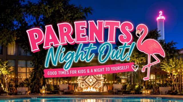 Neon &ldquo;Parents&rsquo; Night Out! Niyght Out&rdquo; sign over a poolside patio with flamingo decor and warm lights.