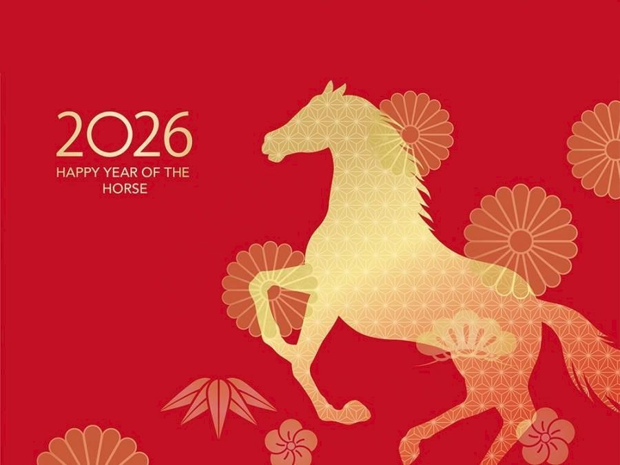 This is a festive red poster featuring a gold horse, celebrating 2026 as the Year of the Horse, with decorative flowers and patterns, ending with a period.