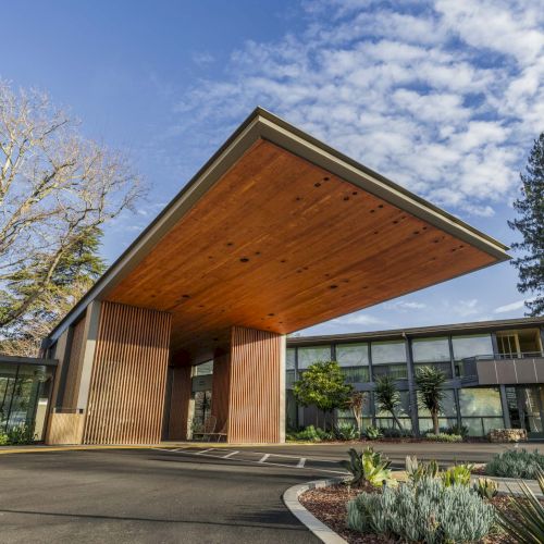 A modern wooden pavilion with a slanted roof sits over a paved courtyard, framed by trees and a bright blue sky.