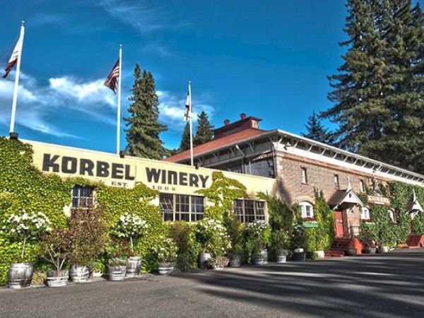 The image shows the exterior of the Korbel Winery, a building with green ivy, flags, potted plants, and a blue sky with trees in the background.