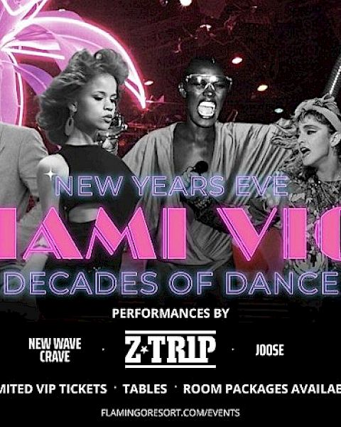 The image is a promotional poster for a "Miami Vice" themed dance event on New Year's Eve, featuring performances by Z-Trip.