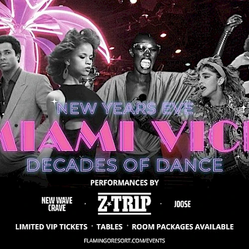 The image is a promotional poster for a "Miami Vice" themed dance event on New Year's Eve, featuring performances by Z-Trip.