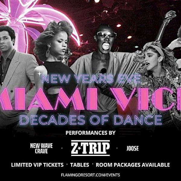 The image is a promotional poster for a "Miami Vice" themed dance event on New Year's Eve, featuring performances by Z-Trip.