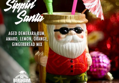A cocktail menu featuring "Sippin’ Santa" with aged Demerara rum, amaro, lemon, orange, and gingerbread mix in a Santa-themed mug.