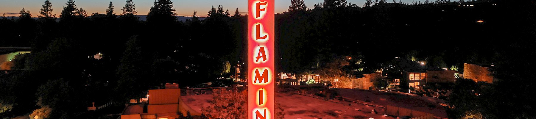 A neon-lit tower with the word "FLAMINGO" stands in a parking lot during twilight, with surrounding trees and buildings visible in the background.
