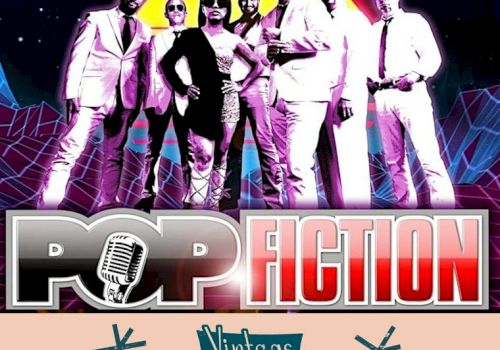 Promotional image for a band called "Pop Fiction" performing on Saturday, March 29 at a venue named Vintage Space.