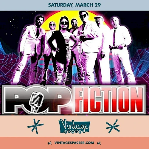Promotional image for a band called "Pop Fiction" performing on Saturday, March 29 at a venue named Vintage Space.