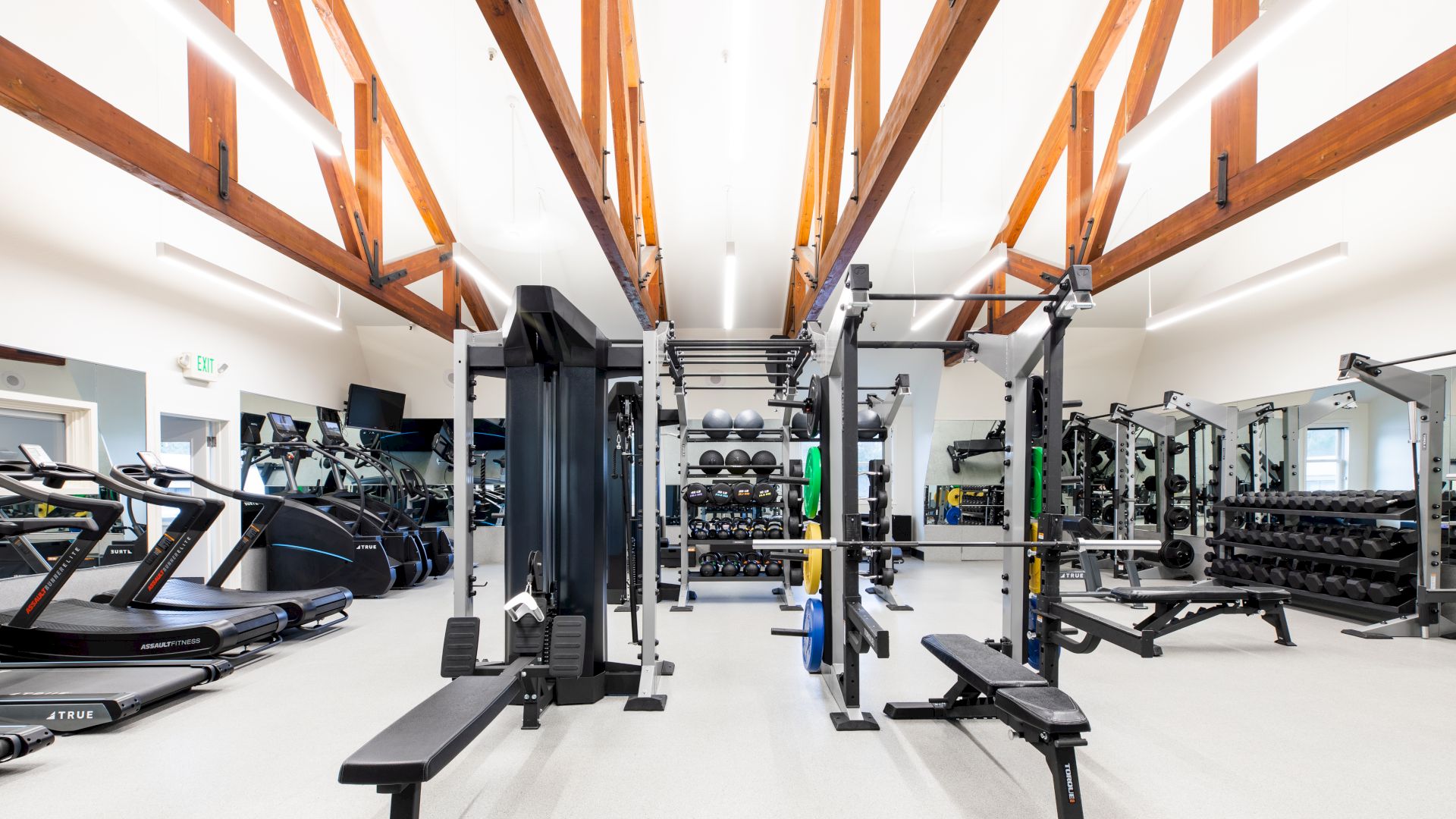 This image shows a modern gym with various workout equipment, including treadmills, weight machines, benches, and dumbbells, in a well-lit space.