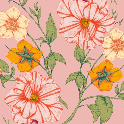The image shows a floral pattern with large pink and yellow flowers, green leaves, and stems on a pink background.
