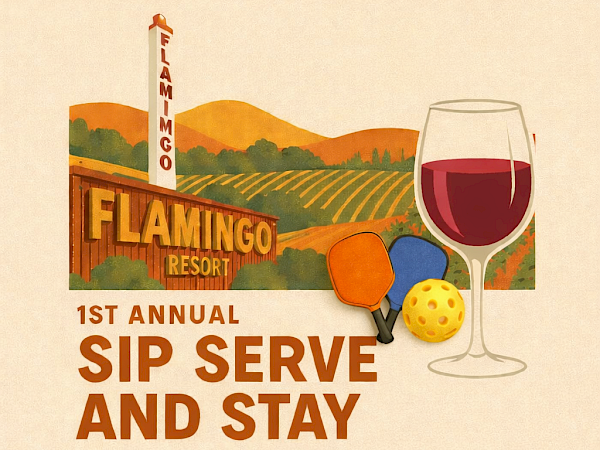 A retro-inspired poster for Flamingo Resort promoting the &ldquo;1st Annual Sip, Serve and Stay&rdquo; event with a wine glass, ice cream pops, and cheese ball.