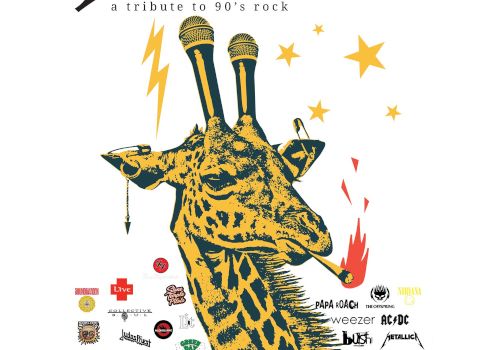 Image of a concert poster for "JOOSE - a tribute to 90s rock" featuring a giraffe with microphone horns. Event at The Flamingo Vintage Space.