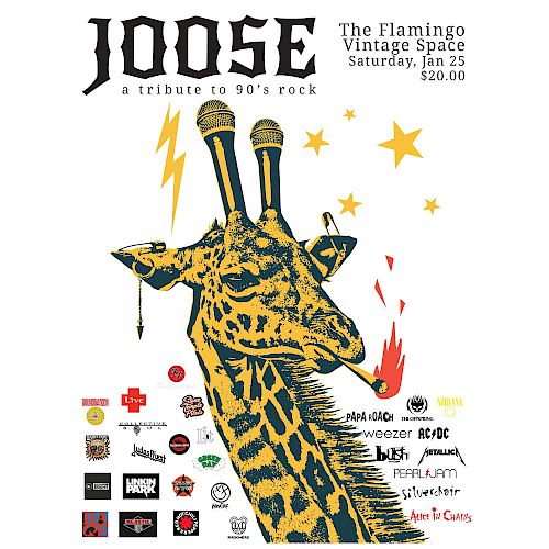 Image of a concert poster for "JOOSE - a tribute to 90s rock" featuring a giraffe with microphone horns. Event at The Flamingo Vintage Space.