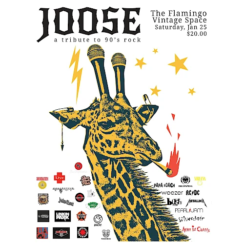 Image of a concert poster for "JOOSE - a tribute to 90s rock" featuring a giraffe with microphone horns. Event at The Flamingo Vintage Space.