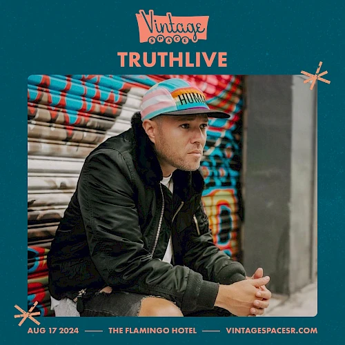 A man in a cap and jacket is sitting in front of a graffiti wall, promoting a "Vintage Spaces" event called "Truthlive" on August 17, 2024.
