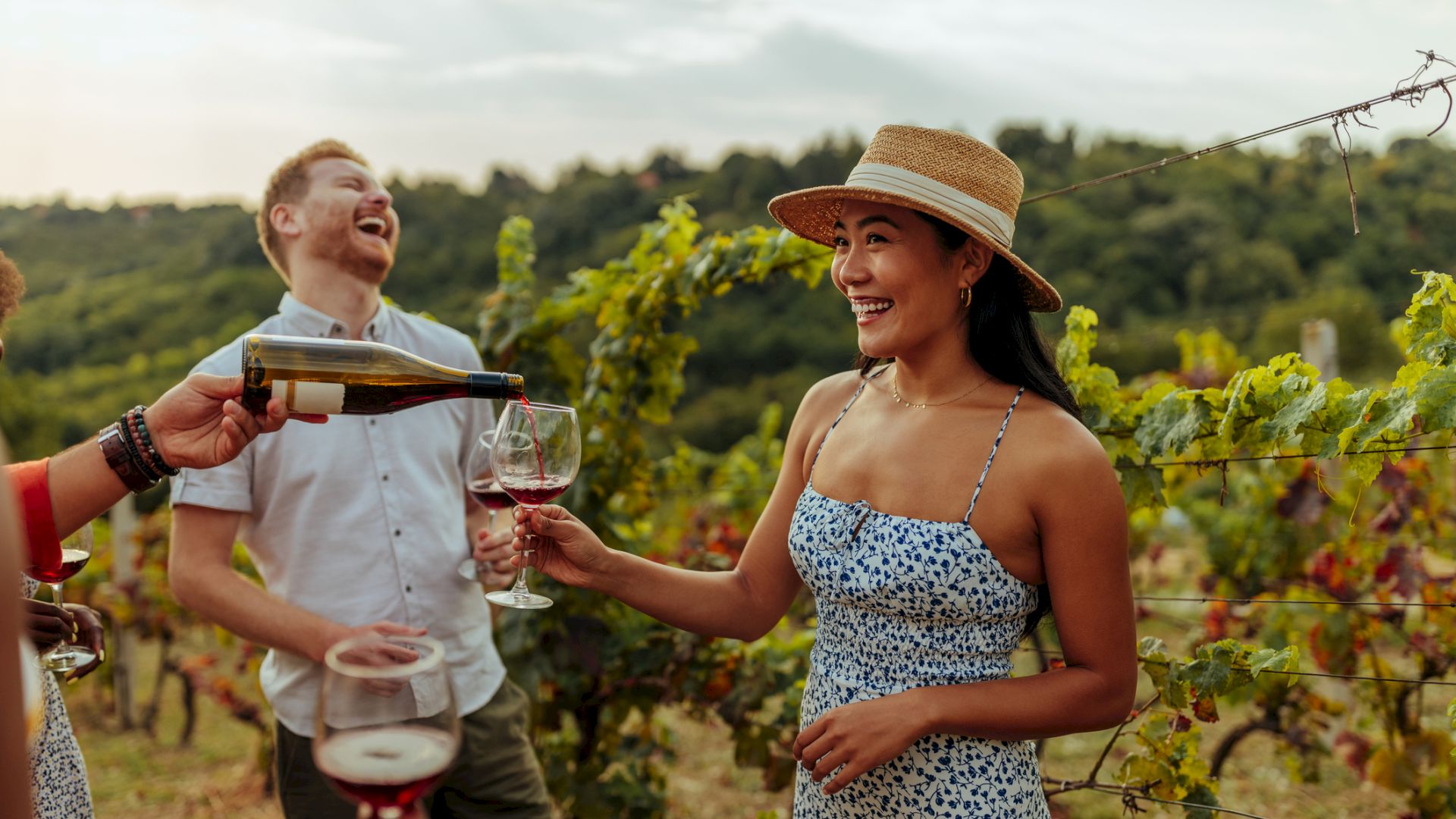 People enjoying wine in a vineyard, with one person pouring a glass for others amidst a backdrop of lush grapevines and rolling hills.
