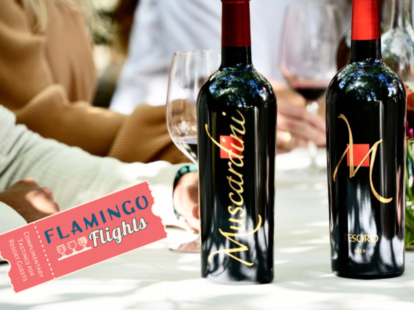 The image shows two wine bottles labeled “Muscardini” and “M,” alongside wine glasses on a table, plus a "Flamingo Flights" ticket.