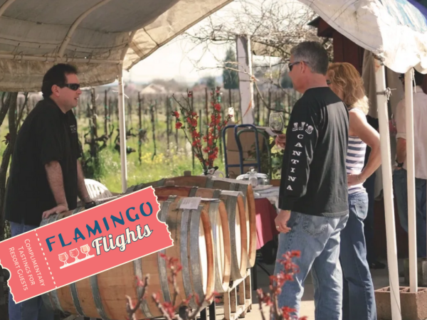 Three people at a wine-tasting event under a canopy, with wine barrels and a "Flamingo Flights" ticket overlaying the image.