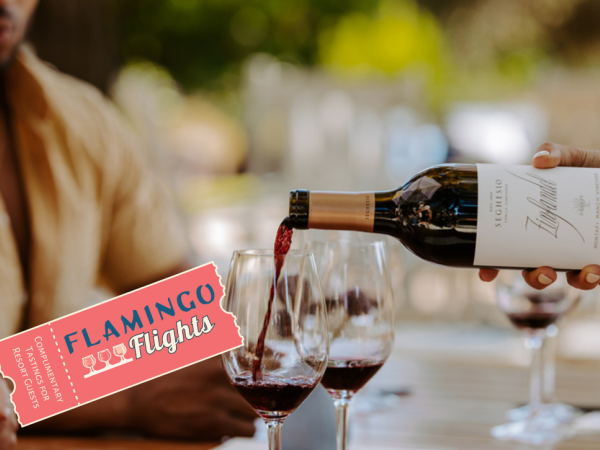 A person pouring red wine into glasses, with a "Flamingo Flights" ticket overlayed on the image.
