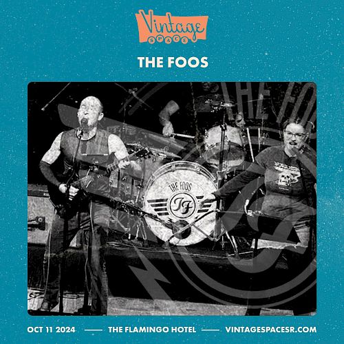 A promotional image for a band called "The Foos" performing at The Flamingo Hotel on October 11, 2024, with a vintage design and website link.