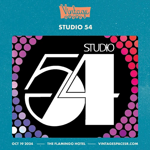 An event poster for "Vintage Spaces: Studio 54" at The Flamingo Hotel on October 19, 2024, with a colorful disco theme design and website link.