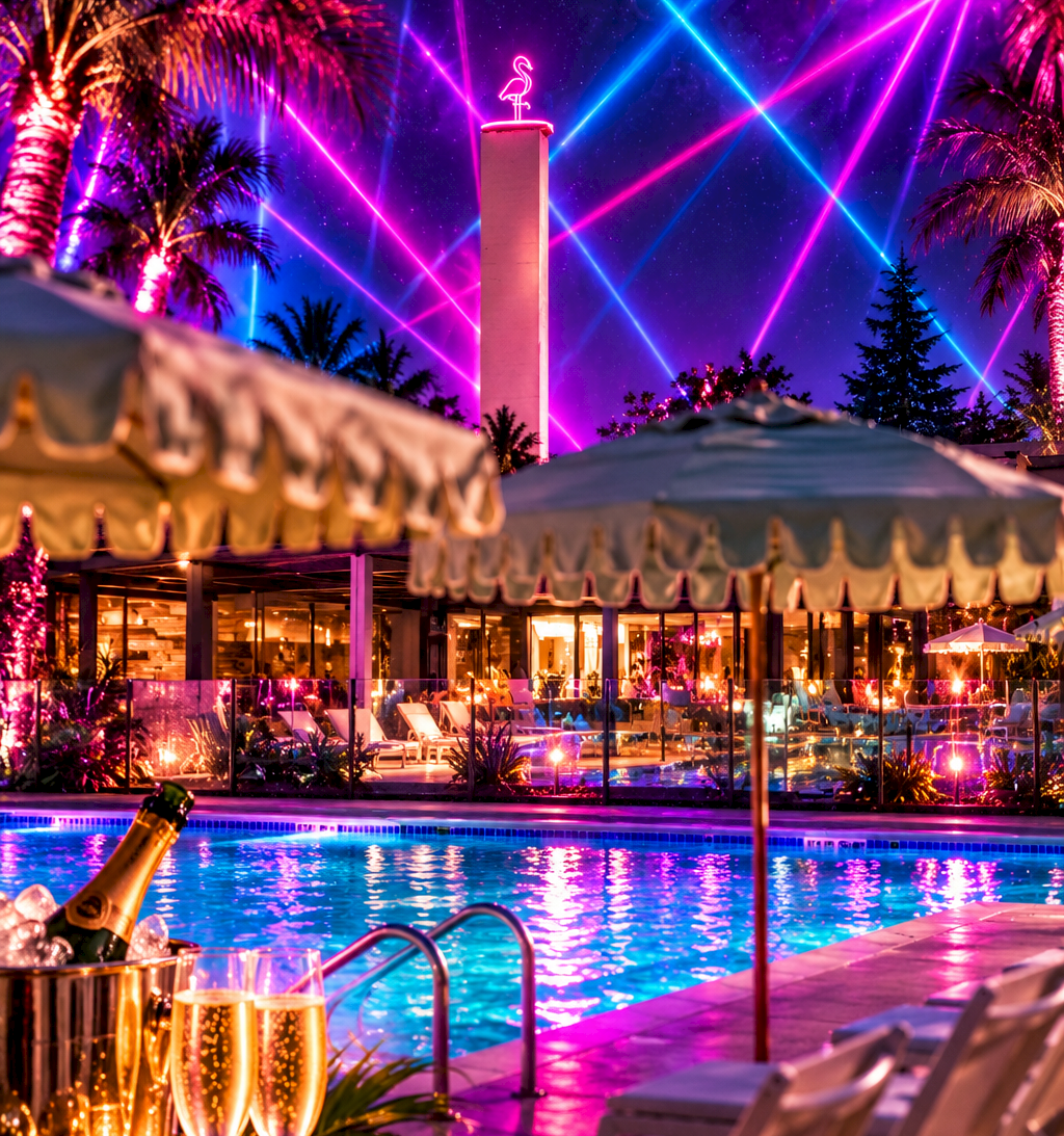 Neon-lit pool party with palm trees, champagne on the table, and colorful laser beams and fireworks over a flamingo-topped tower.