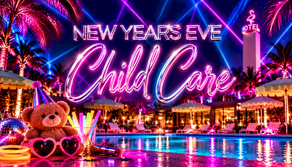 Neon New Year&rsquo;s Eve pool party with fireworks, a teddy bear, and heart glasses under colorful lights.