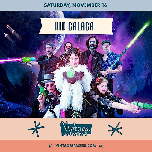 A group in sci-fi costumes poses with toy guns against a space-themed backdrop. The text says "Kid Galaga" and "Saturday, November 16."