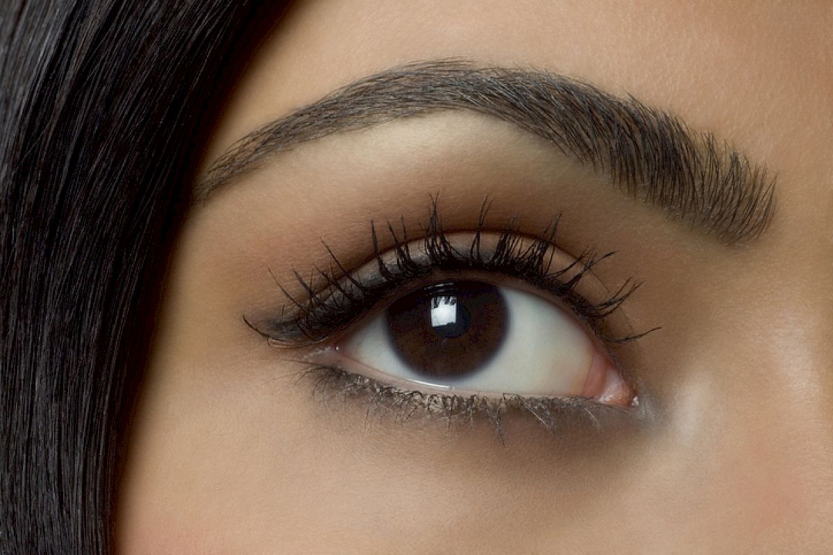 A close-up of a human eye with well-defined eyebrows and long eyelashes, showcasing makeup application and natural eye color.