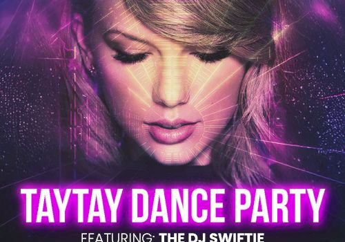 Poster for "Taytay Dance Party" with DJ Swiftie on Friday, January 3rd, at Vintage Space. Doors open at 5:30 PM, show at 6:30 PM.