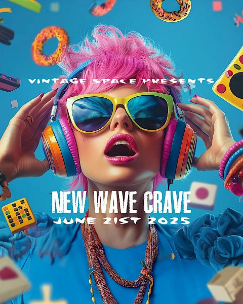 A person with colorful hair and headphones, surrounded by retro items. Text reads: "Vintage Space Presents New Wave Grave June 21st 2023."