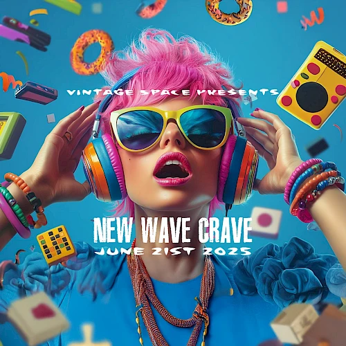 A person with colorful hair and headphones, surrounded by retro items. Text reads: "Vintage Space Presents New Wave Grave June 21st 2023."