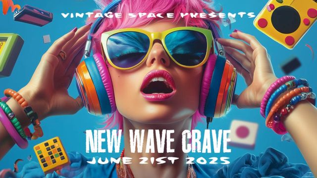 A person with colorful hair and headphones, surrounded by retro items. Text reads: "Vintage Space Presents New Wave Grave June 21st 2023."