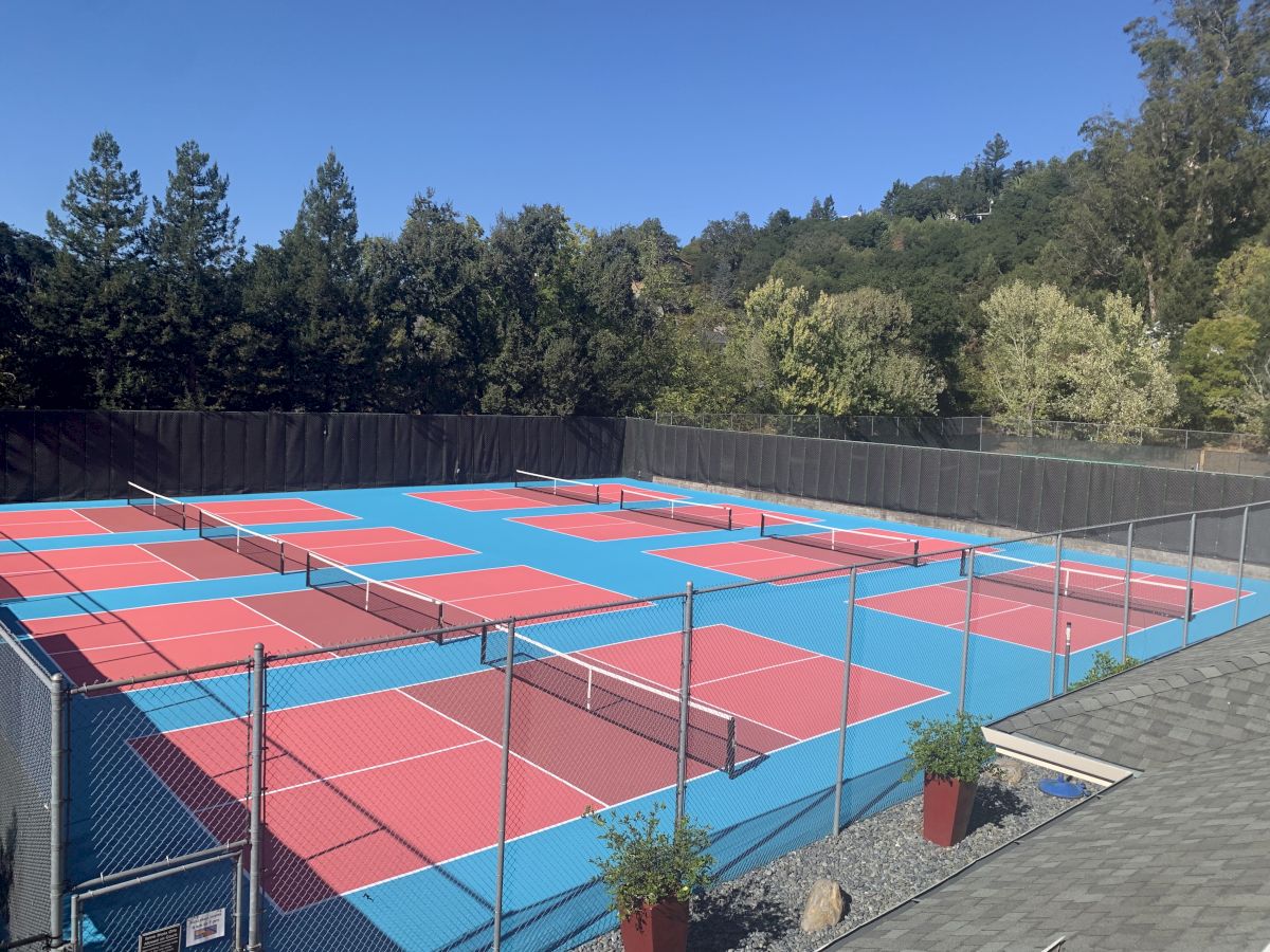 A fenced outdoor sports court complex with red and blue padded sections, netted panels, surrounded by trees and a clear blue sky.